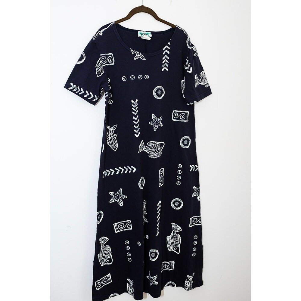 CoConut Bay Maxi Dress Cotton Navy Blue Medium USA Batik Nautical Lagenlook